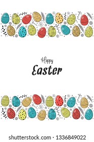 Easter postcard with hand drawn eggs and wishes. Vector