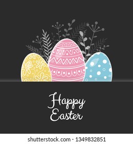 Easter postcard with hand drawn eggs and wishes. Vector