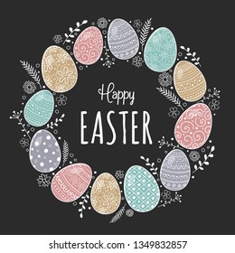 Easter postcard with hand drawn eggs and wishes. Vector