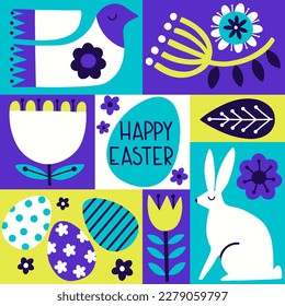 Easter postcard with lettering Happy Easter. Easter modern illustration with bunny, eggs, bird, leaves and flowers. Vector illustration with stylized decorative easter elements. 