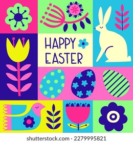 Easter postcard with lettering Happy Easter. Easter modern illustration with bunny, eggs, bird, leaves and flowers. Vector illustration with stylized decorative easter elements. 