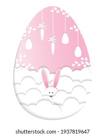 Easter postcard with paper cut out design. White and pink bunny with eggs and carrot background
