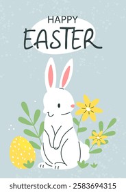 Easter postcard poster with a white rabbit, flowers and Easter eggs and text Happy Easter on a blue background. Vector illustration template.