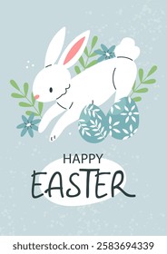 Easter postcard poster with a white rabbit, flowers and Easter eggs and text Happy Easter on a blue background. Vector illustration template.