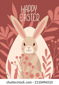 Easter postcard with a rabbit with leaves and different plants. Hand-drawn in cartoon style