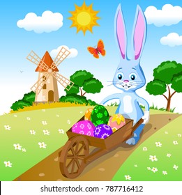 Easter postcard story scene hare garden cart lucky painted eggs field flowers trees mill blue sky clouds sun cartoon style