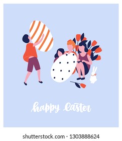 Easter postcard template with wish handwritten with cursive calligraphic font and cute people carrying and holding giant decorated eggs. Flat vector illustration for spring holiday celebration.