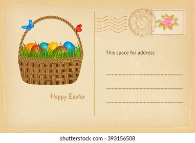 Easter postcard in vintage style with easter basket, eggs and grass. Happy Easter celebration greetings card. Vector illustration.