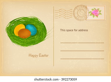 Easter postcard in vintage style with easter eggs and grass nest. Happy easter celebration greetings card. Vector illustration.