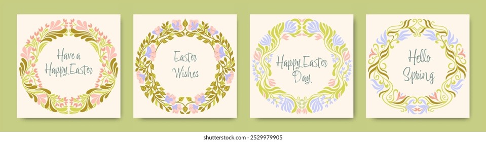 Postales de Pascua en estilo Art Nouveau. Tarjetas de felicitación florales de Pascua feliz. Vector.