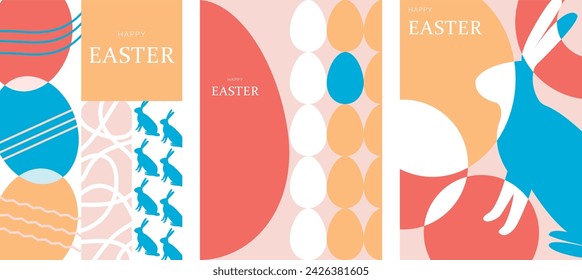 Easter postcards, banners, poster, greeting card. Happy Easter set in modern minimalistic simple style with geometric shapes, eggs and rabbit.