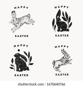 Easter postcards with bunny typographical composition on a white background. easter rabbit logo. isolated black and white hand dawn illustration of hare in a vintage style.