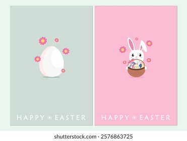 Easter postcards. Greeting card, banner, poster, cover, etc. with Easter egg, Easter bunny, Easter egg basket. Spring mood. Vector image.