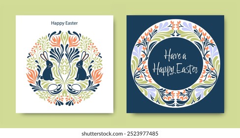 Easter postcards. Happy Easter floral greeting cards with bunnies. Vector.