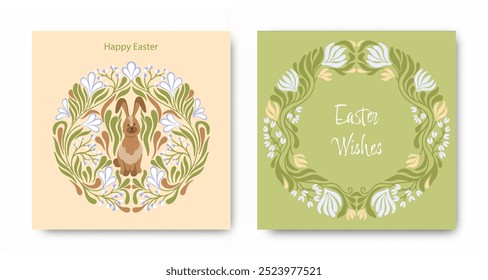 Easter postcards. Happy Easter floral greeting cards with bunnies. Vector.