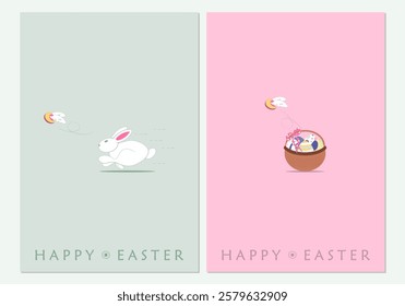 Easter postcards with a running bunny, happy Easter, a basket of eggs. A collection of greeting cards for the spring holidays. The spring banner. It's a funny story