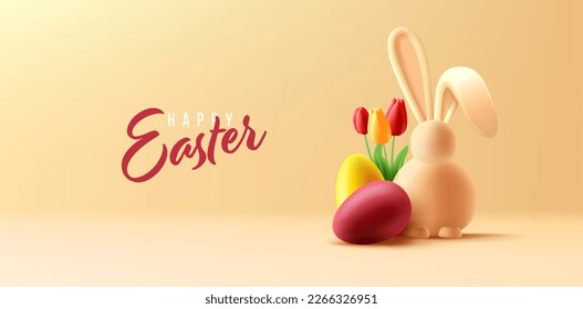 Easter poster with 3d render illustration of coloured eggs, easter bunny and tulips flower on orange background