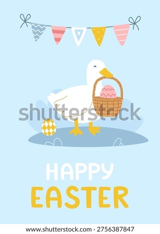 Easter poster with adorable duck. Cute easter banner with goose and eggs.