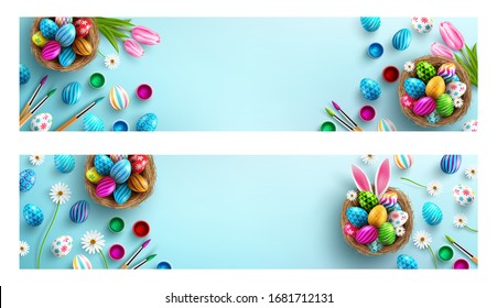 Easter poster background template with Easter eggs in the nest on light blue background. Greetings and presents for Easter Day