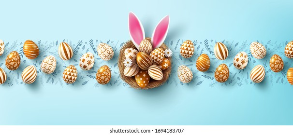 Easter poster background template with Easter eggs in the nest on light blue background. Greetings and presents for Easter Day.vector illustration eps 10