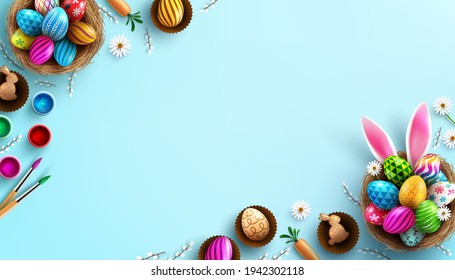 Easter poster background template with Easter eggs in the nest and Rabbit ears on bule background.Greetings and presents for Easter Day in flat lay styling.Promotion and shopping template for Easter