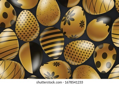 Afiche de Pascua o fondo de banner. Huevos de oro con adorno negro. Ilustración vectorial realista.