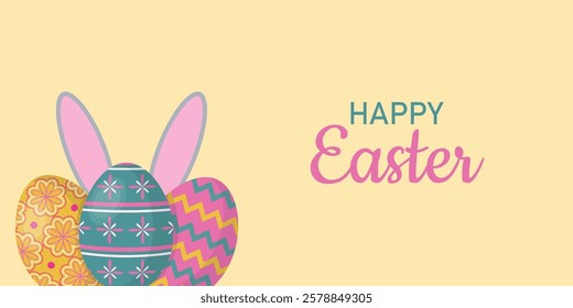 Easter poster, banner, card with colored eggs and bunny ears.