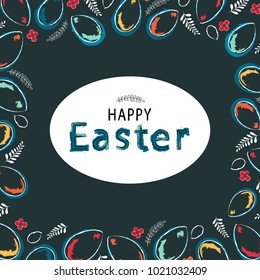 Easter poster, banner, card, label, and other design black background with eggs hand drawn. Vector illustration.