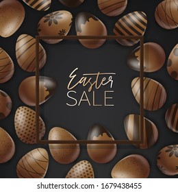 Afiche o pancarta de Pascua. Huevos colocados con decoración de fondo negro. Grabado dorado. Ilustración vectorial.