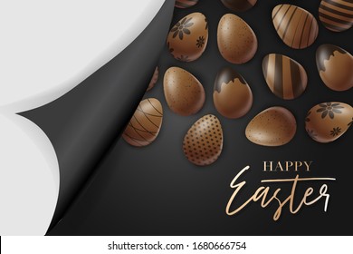 Easter poster or banner. Cholocate eggs with decoration on brown background. Golden lettering. Vector illustration.