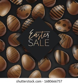 Easter poster or banner. Cholocate eggs with decoration on black background. Golden lettering. Vector illustration.