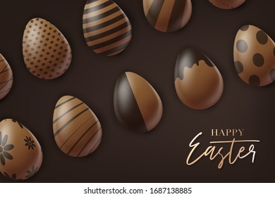Easter poster or banner. Cholocate eggs with decoration on brown background. Spring egg hunt. Golden lettering. Vector illustration.