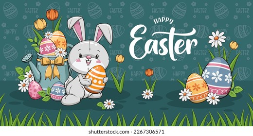 Easter Poster And Banner With Cute Bunny Rabbit, Eggs, Tulips, And Watering Can Pot. Cute Cartoon Illustration - Shutterstock ID 2267306571