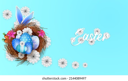 easter poster and banner with easter egg and rabbit earn with flower in the nest in blue background premium vector