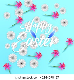 Easter poster and banner with egg and warm rabbit in the nest with flower premium vector 