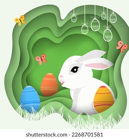 Easter poster and banner with Easter eggs cute funny bunny with tulips. Greetings presents for Easter Day with traditional attributes. Spring holiday. Greeting card and invitation of Happy Easter day
