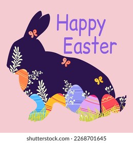 Easter poster and banner with Easter eggs cute bunny with tulips. Greetings presents for Easter Day with traditional attributes. Spring holiday. Design greeting card and invitation of Happy Easter day