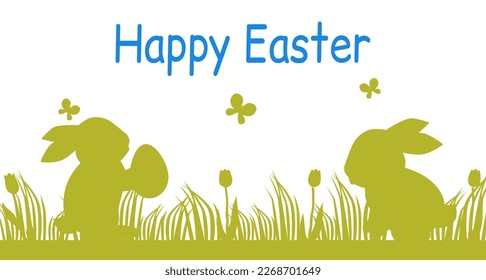 Easter poster and banner with Easter eggs cute bunny with tulips. Greetings presents for Easter Day with traditional attributes. Spring holiday. Design greeting card and invitation of Happy Easter day