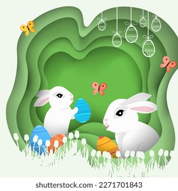 Easter poster and banner with Easter eggs cute bunny with tulips. Greetings presents for Easter Day with traditional attributes. Spring holiday. Design greeting card and invitation of Happy Easter day