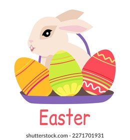 Easter poster and banner with Easter eggs cute bunny with tulips. Greetings presents for Easter Day with traditional attributes. Spring holiday. Design greeting card and invitation of Happy Easter day