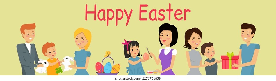 Easter poster and banner with Easter eggs. Family holidays. Greetings presents for Easter Day with traditional attributes. Spring holiday. Design greeting card and invitation of Happy Easter day