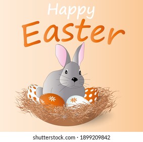 Easter poster and banner template with Easter bunny in a nest with Easter eggs on an orange background. Vector illustration. Trendy design greeting card or invitation template