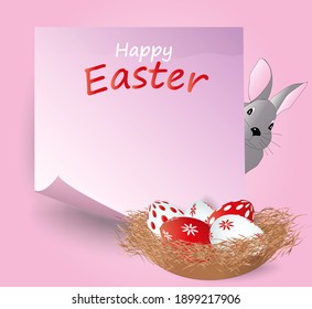 Easter poster and banner template with easter bunny and nest with easter eggs on pink background. Place for your text. Vector illustration. Trendy design greeting card or invitation template