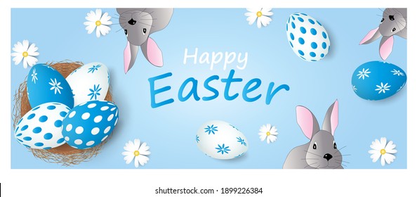 Easter poster and banner template with easter bunny and nest with easter eggs on blue background. Vector illustration. Trendy design for greeting card or invitation