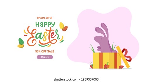 Easter poster and banner template with Easter bunny in the gifts box. Greetings and presents for Easter Day in flat lay styling.Promotion and shopping template for Easter