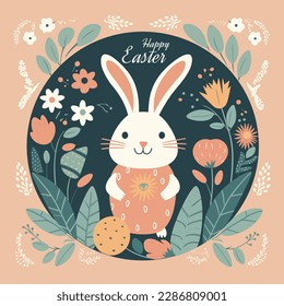 Afiche de Pascua y plantilla de pancartas con conejo de Pascua rodeado de flores y vegetación. Saludos coloridos y regalos para el Día de Pascua en estilo de piso. Promoción y plantilla de compras para Pascua.