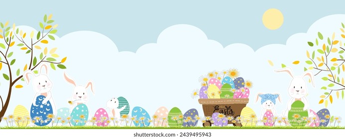 Easter poster and banner template with Bunny and Easter eggs in the field on sky blue,cloud background.Greetings and presents for Easter Day.Promotion,shopping template on Spring 