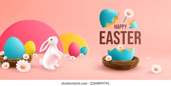 Easter poster and banner template with Colorful Easter eggs in the nest and Cute Bunny on light pink background.Greetings and presents for Easter Day.Promotion and shopping template for Easter