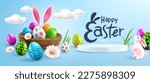 Easter poster or banner template with Cute Bunny,Easter eggs in the nest and white podium on blue background.Greetings and presents for Easter Day.Promotion and shopping template for Easter