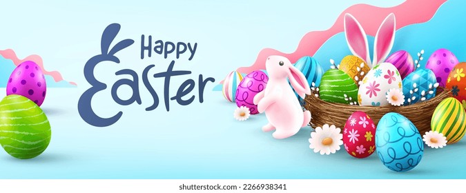 Easter poster and banner template with Cute Bunny and Easter eggs in the nest.Greetings and presents for Easter Day.Promotion and shopping template for Easter